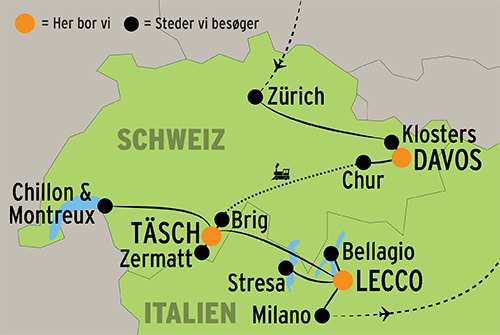 Kort over jeres rejse rundt i Schweiz